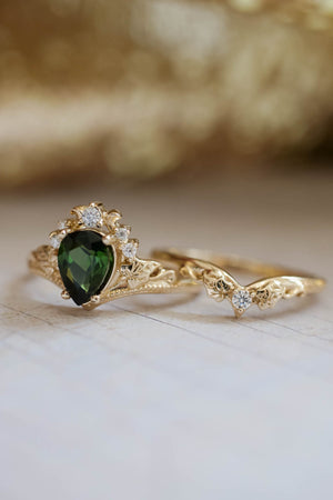 Green tourmaline engagement ring, bridal ring set with diamonds / Ariadne - Eden Garden Jewelry™