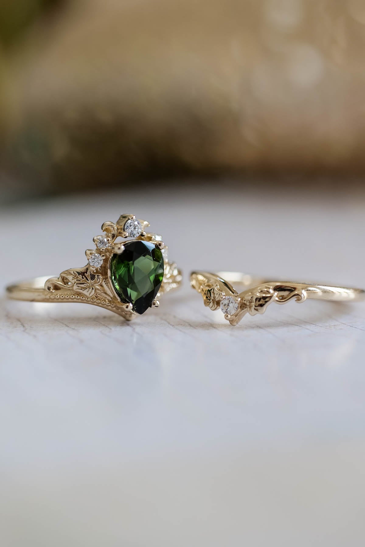 Green tourmaline engagement ring, bridal ring set with diamonds / Ariadne - Eden Garden Jewelry™