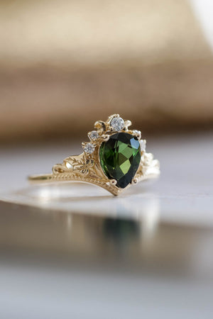 Green tourmaline engagement ring, bridal ring set with diamonds / Ariadne - Eden Garden Jewelry™