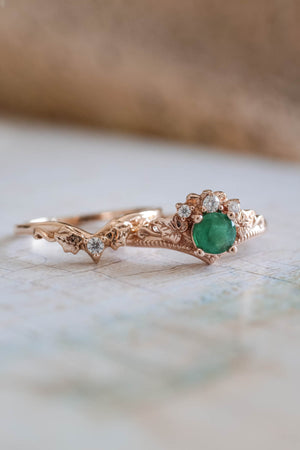 Natural emerald engagement ring, ivy leaves diamond ring / Ariadne - Eden Garden Jewelry™