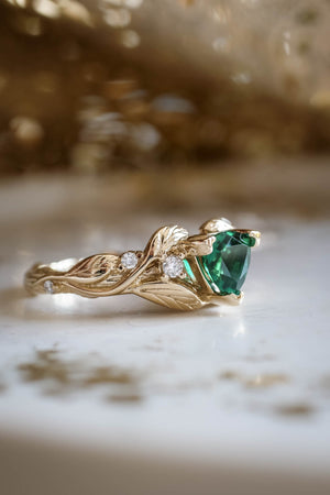 Emerald trillion cut engagement ring, gold leaves and diamonds ring / Clematis - Eden Garden Jewelry™