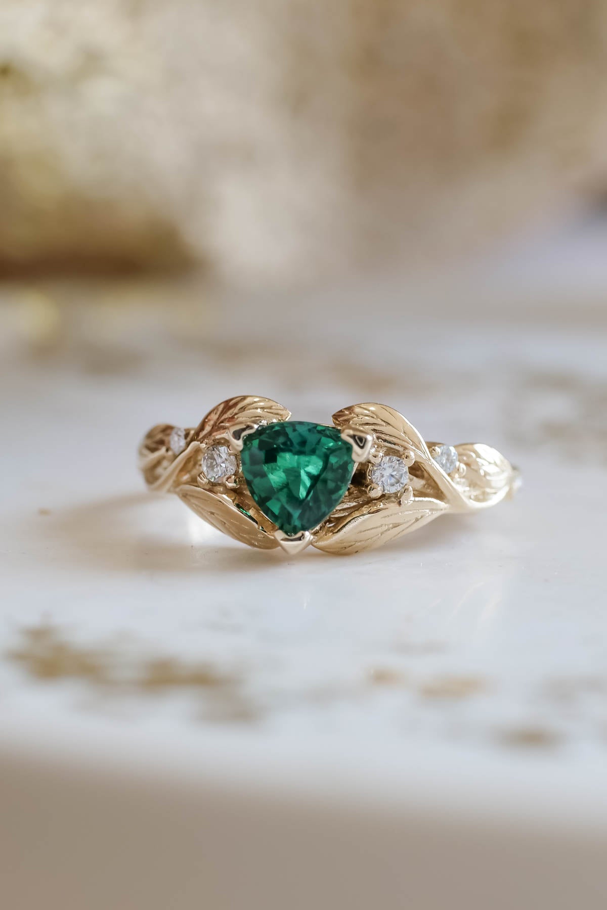 Emerald trillion cut engagement ring, gold leaves and diamonds ring / Clematis - Eden Garden Jewelry™