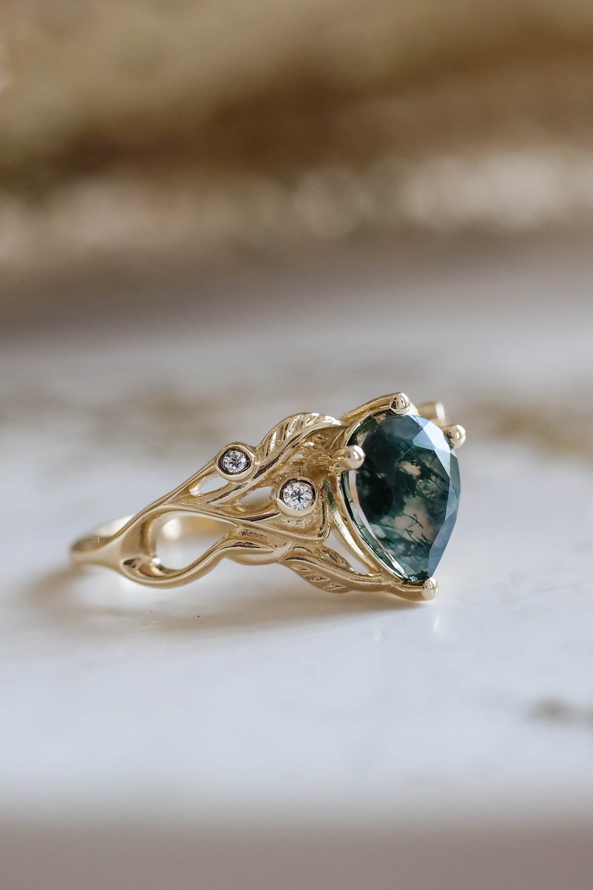 Unique moss agate engagement ring, alternative promise ring with diamonds / Callisto - Eden Garden Jewelry™