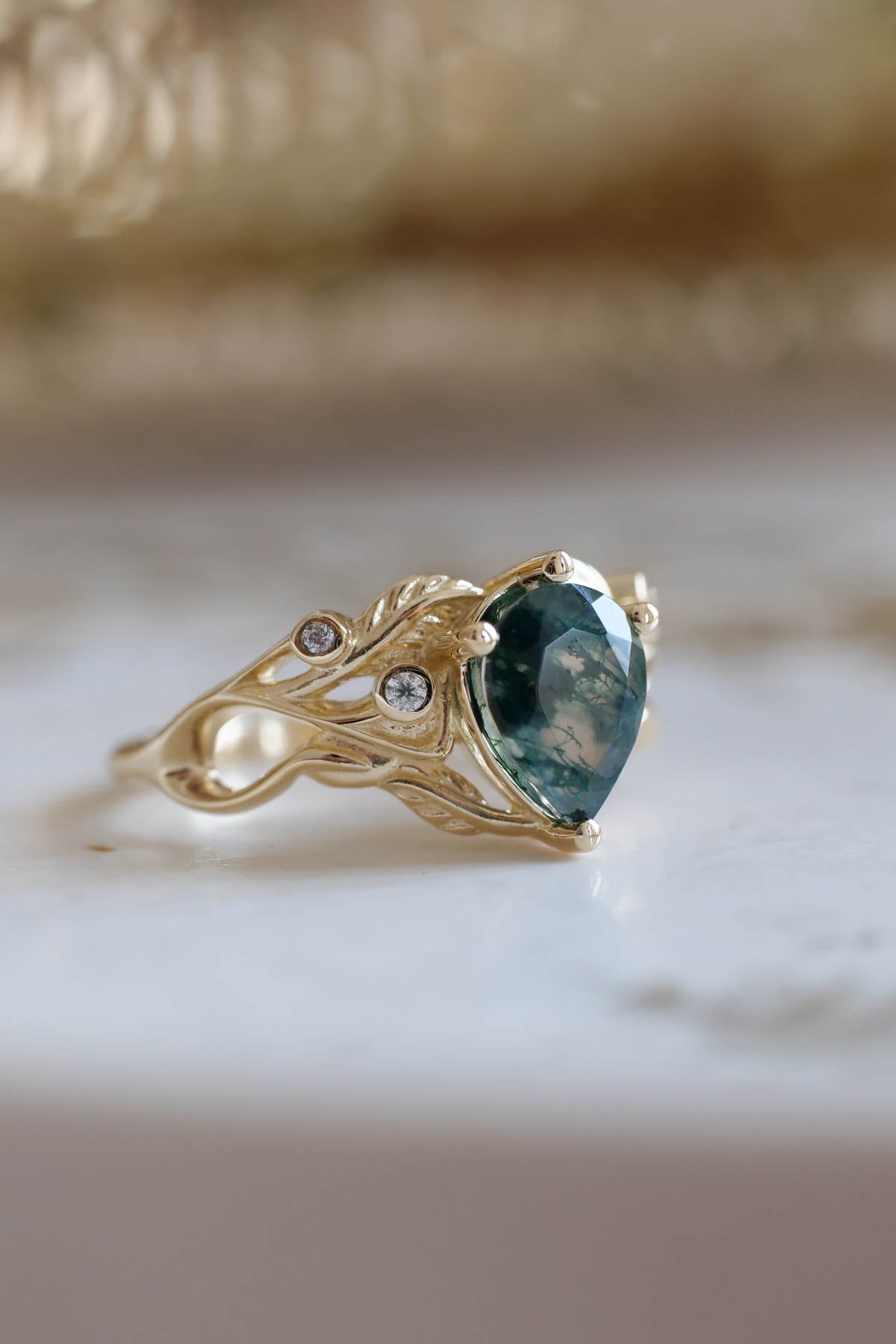 Unique moss agate engagement ring, alternative promise ring with diamonds / Callisto - Eden Garden Jewelry™