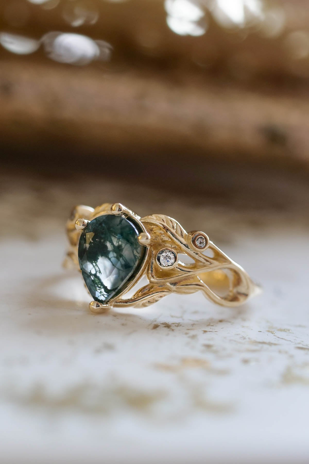 Unique moss agate engagement ring, alternative promise ring with diamonds / Callisto - Eden Garden Jewelry™