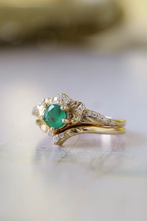 Natural emerald engagement ring set, nature inspired gold rings / Amelia - Eden Garden Jewelry™