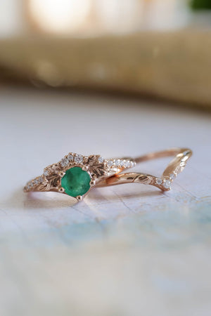 Emerald and diamonds engagement ring, leaf and vine gold ring / Amelia - Eden Garden Jewelry™