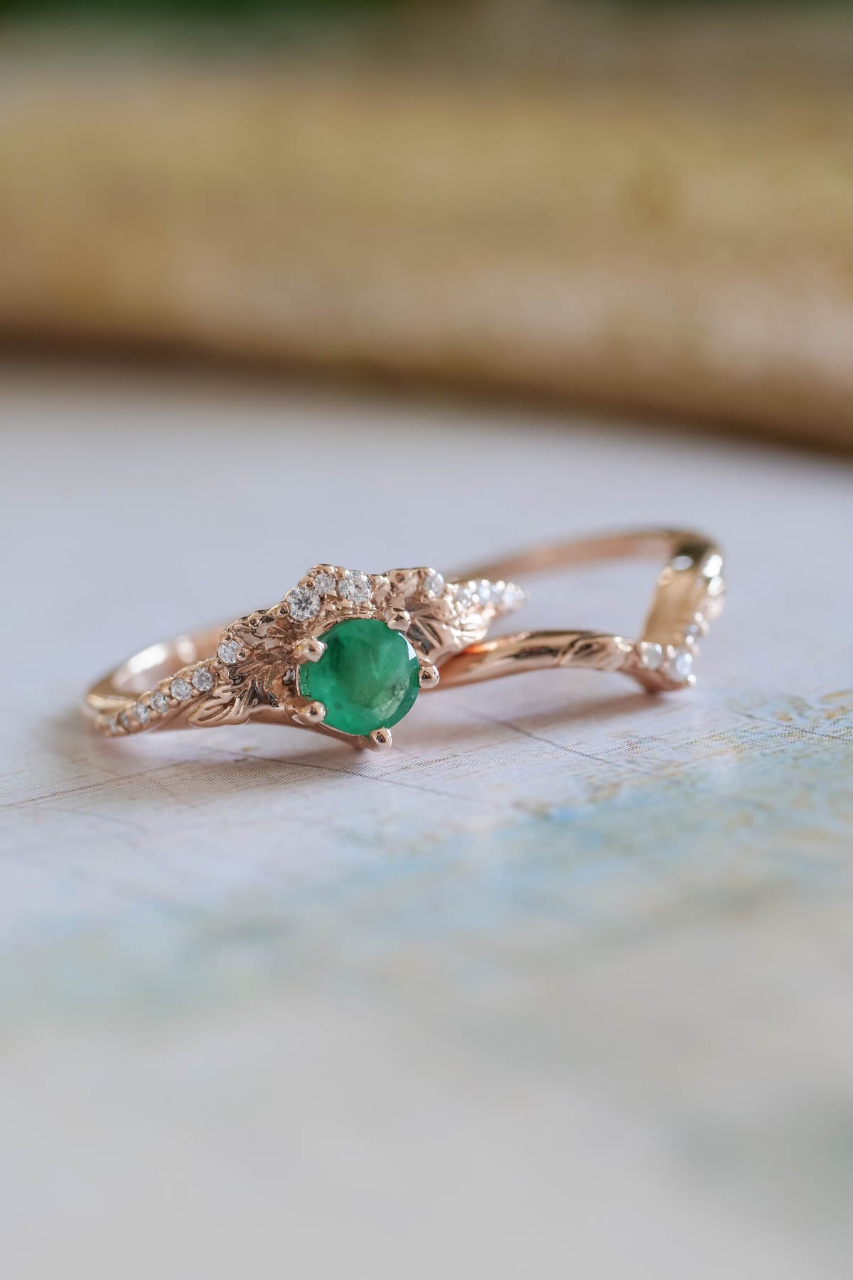 Natural emerald engagement ring set, nature inspired gold rings / Amelia - Eden Garden Jewelry™