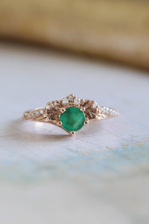 Emerald and diamonds engagement ring, leaf and vine gold ring / Amelia - Eden Garden Jewelry™