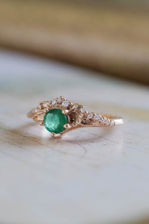 Emerald and diamonds engagement ring, leaf and vine gold ring / Amelia - Eden Garden Jewelry™