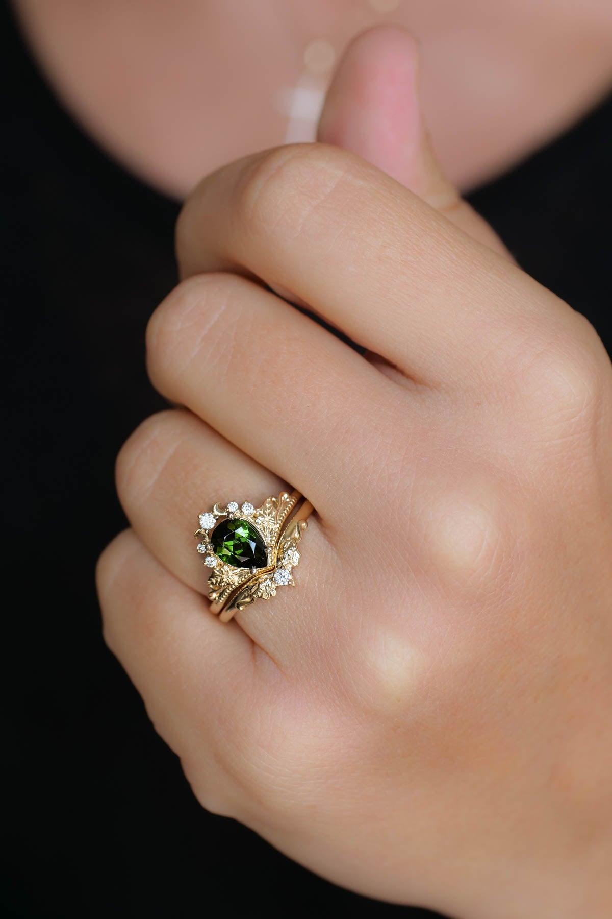 Green tourmaline engagement ring, bridal ring set with diamonds / Ariadne - Eden Garden Jewelry™