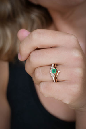 Natural emerald engagement ring set, nature inspired gold rings / Amelia - Eden Garden Jewelry™