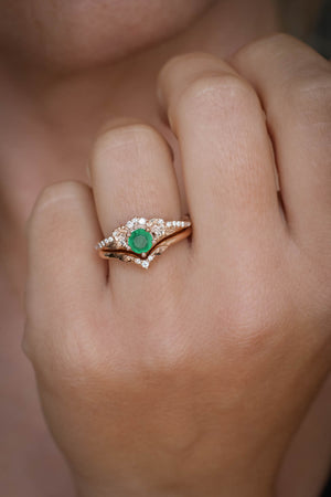 Natural emerald engagement ring set, nature inspired gold rings / Amelia - Eden Garden Jewelry™