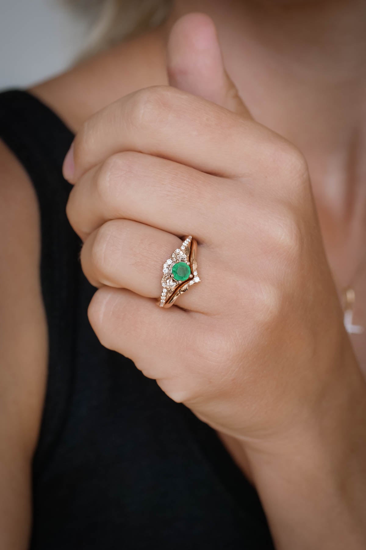 Natural emerald engagement ring set, nature inspired gold rings / Amelia - Eden Garden Jewelry™