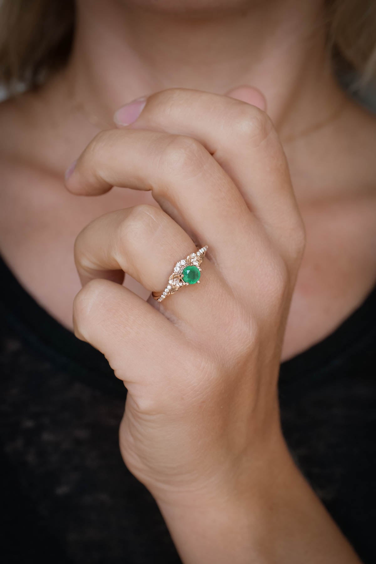 Emerald and diamonds engagement ring, leaf and vine gold ring / Amelia - Eden Garden Jewelry™