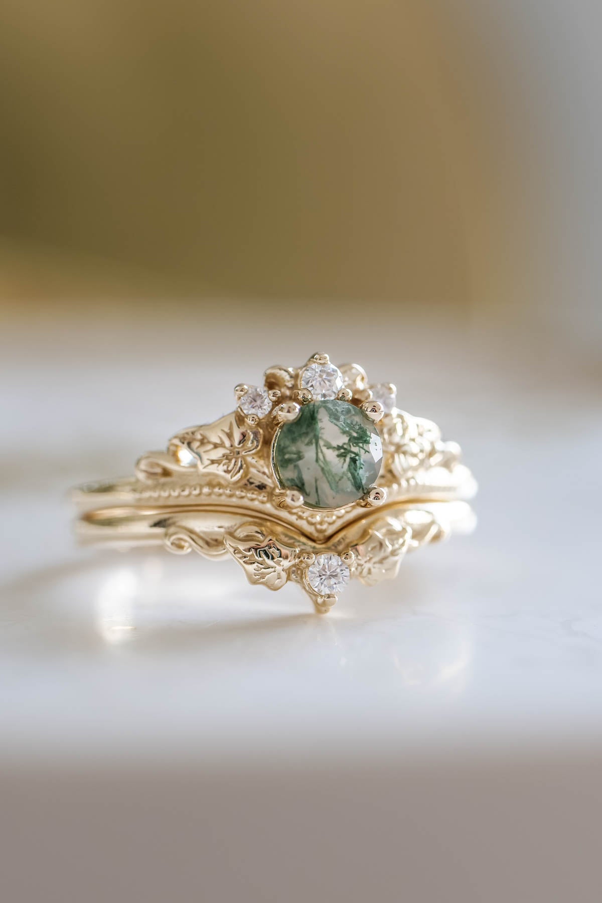 Round moss agate bridal ring set, diamond tiara rings / Ariadne - Eden Garden Jewelry™