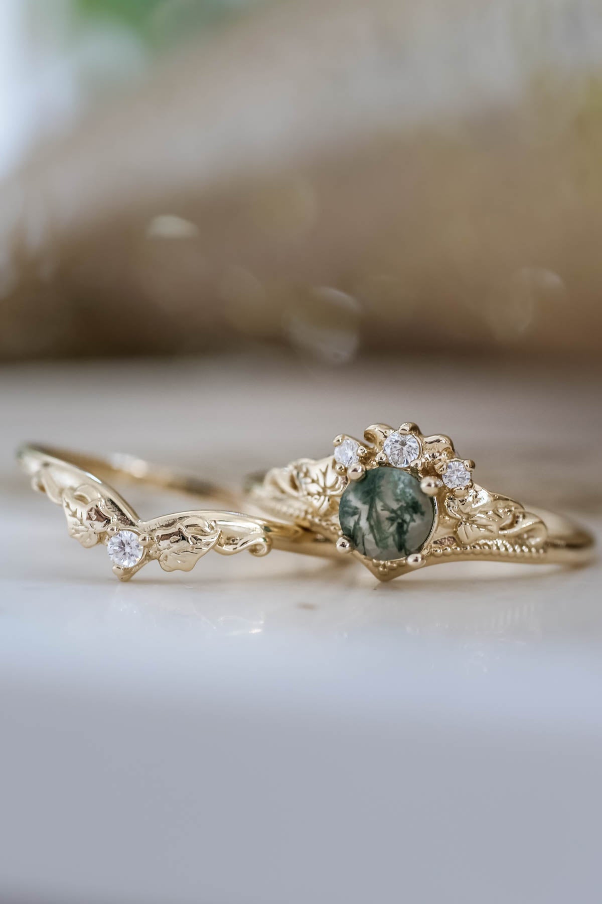 Round moss agate bridal ring set, diamond tiara rings / Ariadne - Eden Garden Jewelry™