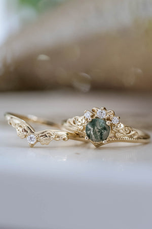 Round moss agate bridal ring set, diamond tiara rings / Ariadne - Eden Garden Jewelry™