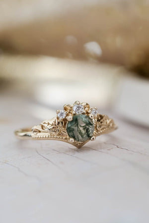 Moss agate engagement ring, alternative gold promise ring with diamonds / Ariadne - Eden Garden Jewelry™