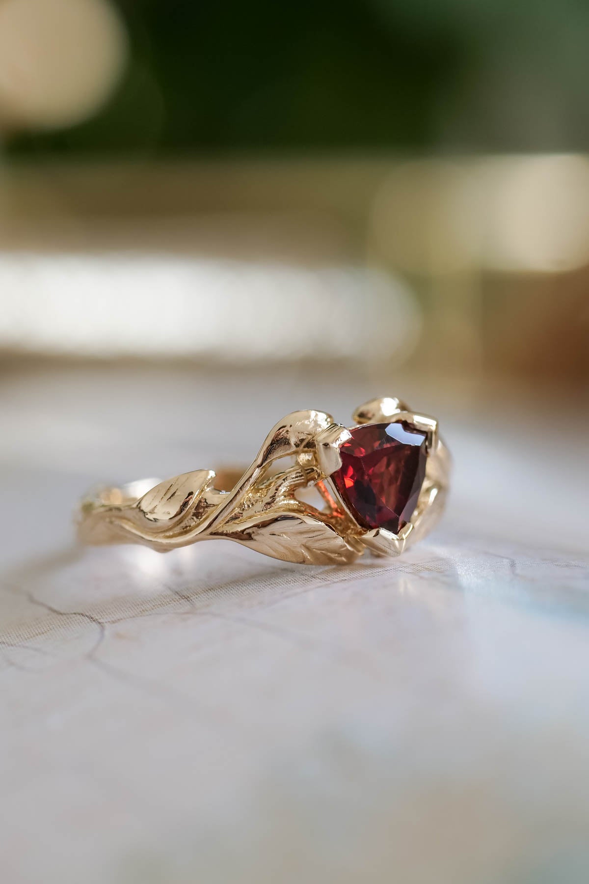 Trillion garnet engagement ring, nature inspired gold ring / Clematis - Eden Garden Jewelry™