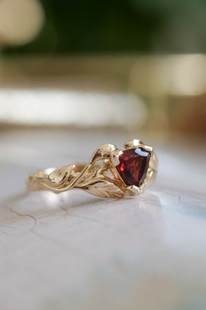 Trillion garnet engagement ring, nature inspired gold ring / Clematis - Eden Garden Jewelry™