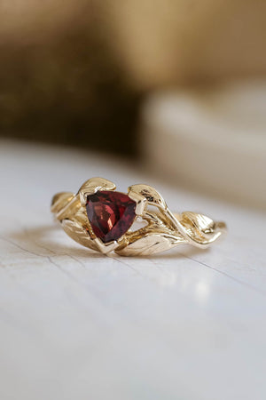 Trillion garnet engagement ring, nature inspired gold ring / Clematis - Eden Garden Jewelry™