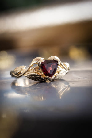 Trillion garnet engagement ring, nature inspired gold ring / Clematis - Eden Garden Jewelry™