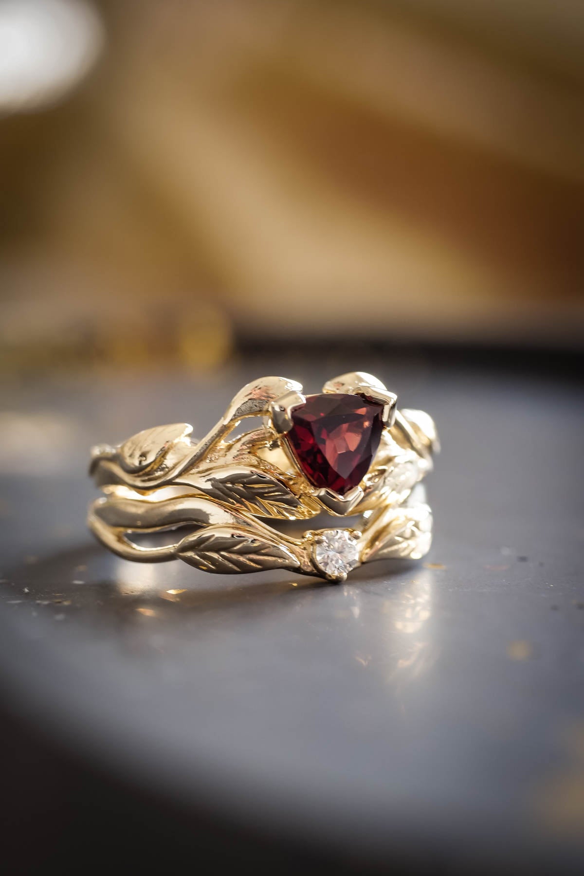 Nature themed engagement ring set with garnet and diamond / Clematis - Eden Garden Jewelry™