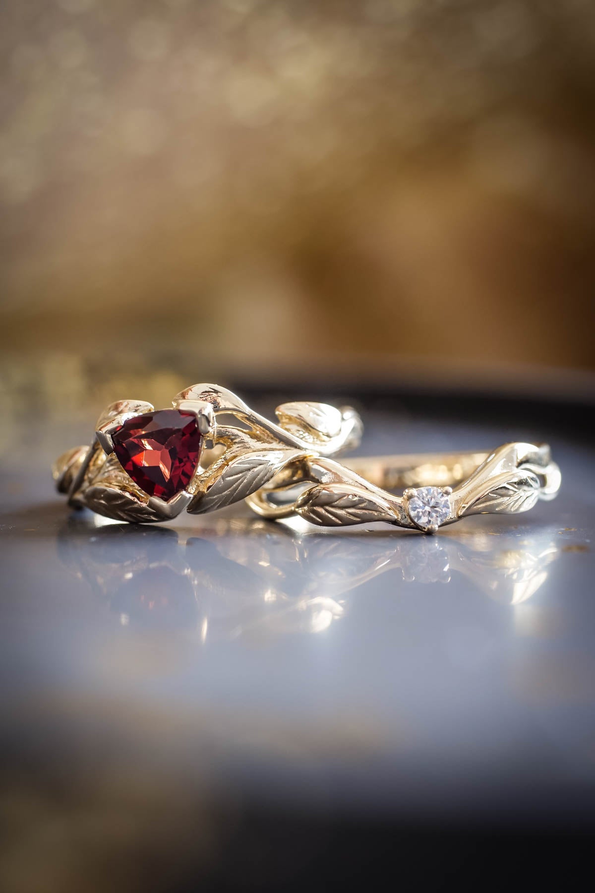 Trillion garnet engagement ring, nature inspired gold ring / Clematis - Eden Garden Jewelry™