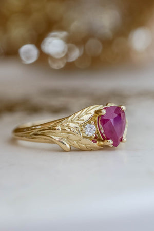 Ruby gold engagement ring, leaves engagement ring with diamonds / Wisteria - Eden Garden Jewelry™