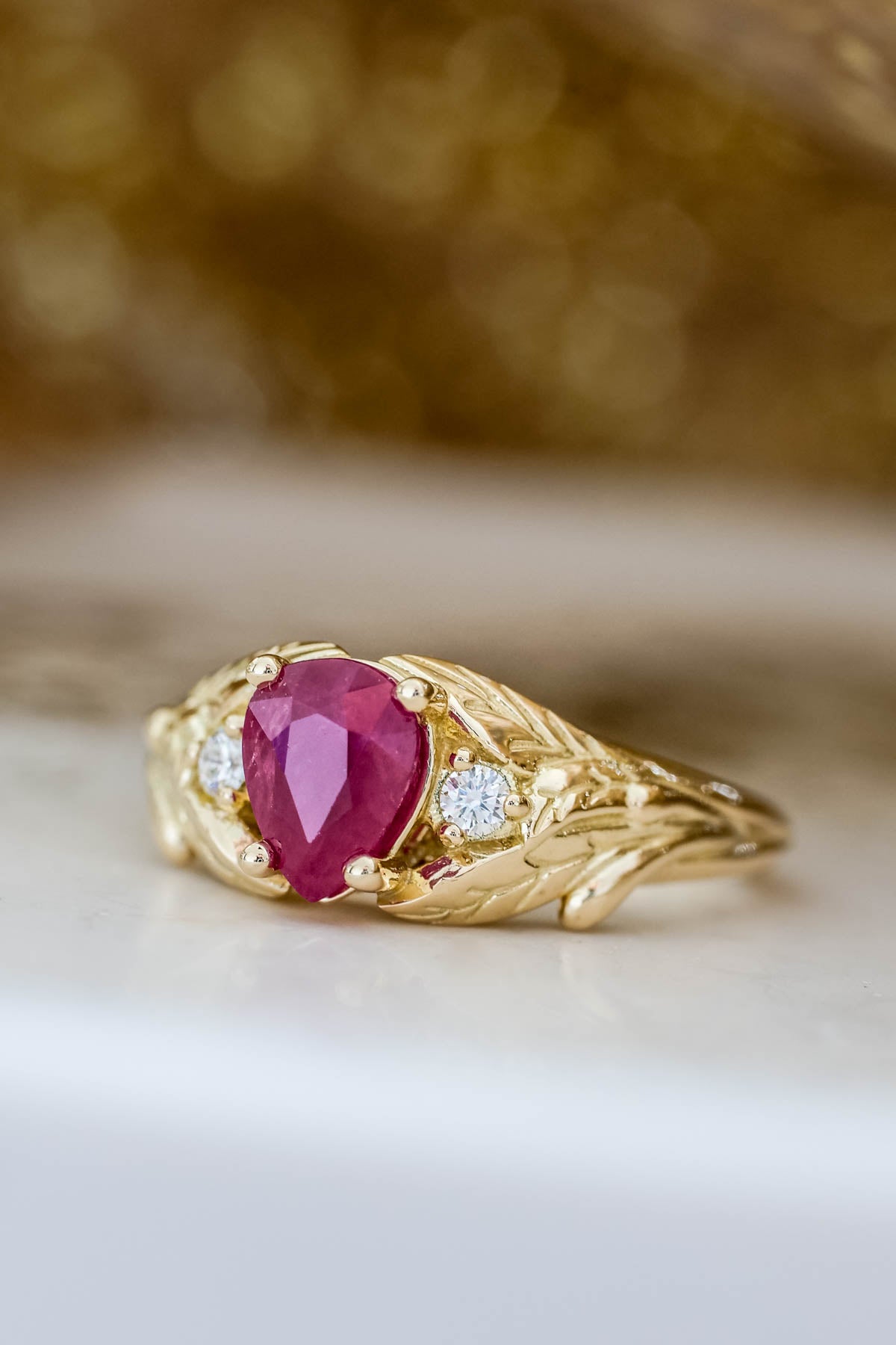 Ruby gold engagement ring, leaves engagement ring with diamonds / Wisteria - Eden Garden Jewelry™