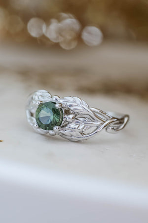 Natural green sapphire engagement ring, gold leaf ring / Tilia - Eden Garden Jewelry™