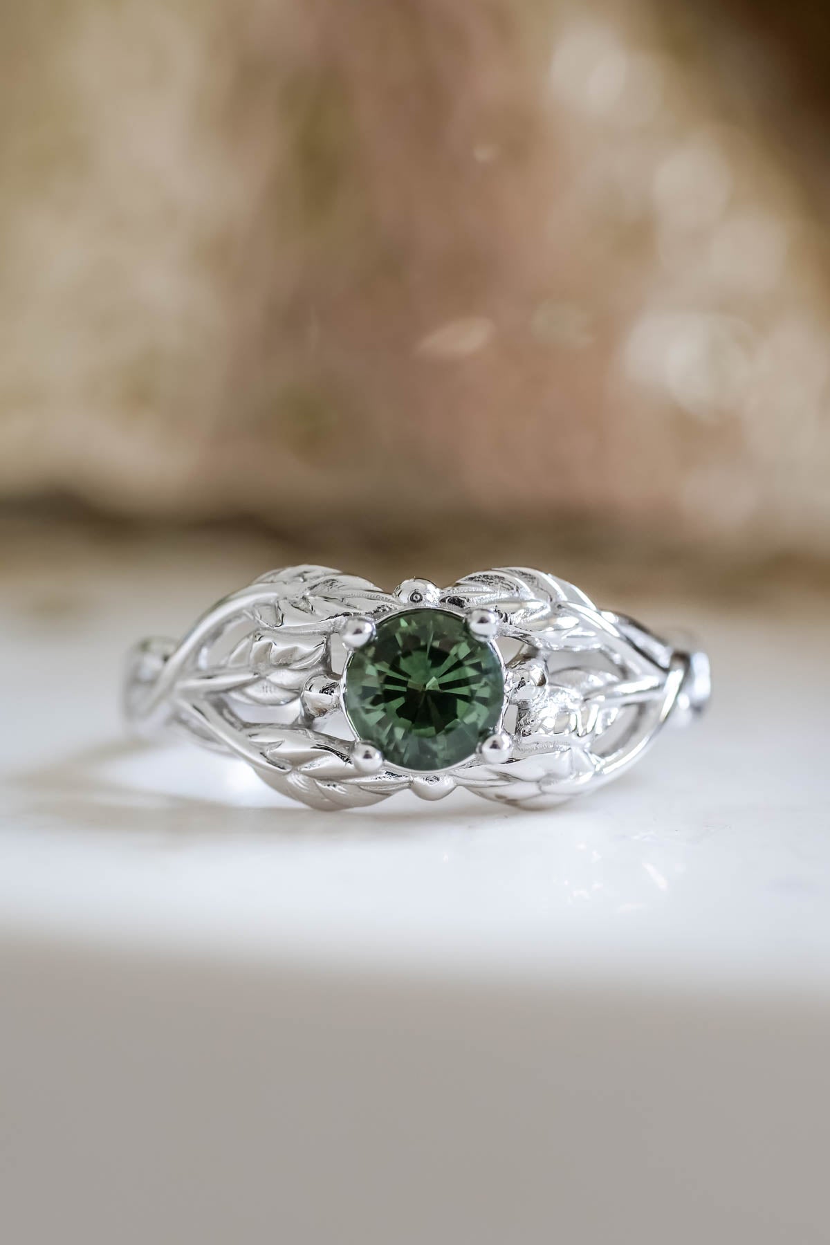 Natural green sapphire engagement ring, gold leaf ring / Tilia - Eden Garden Jewelry™