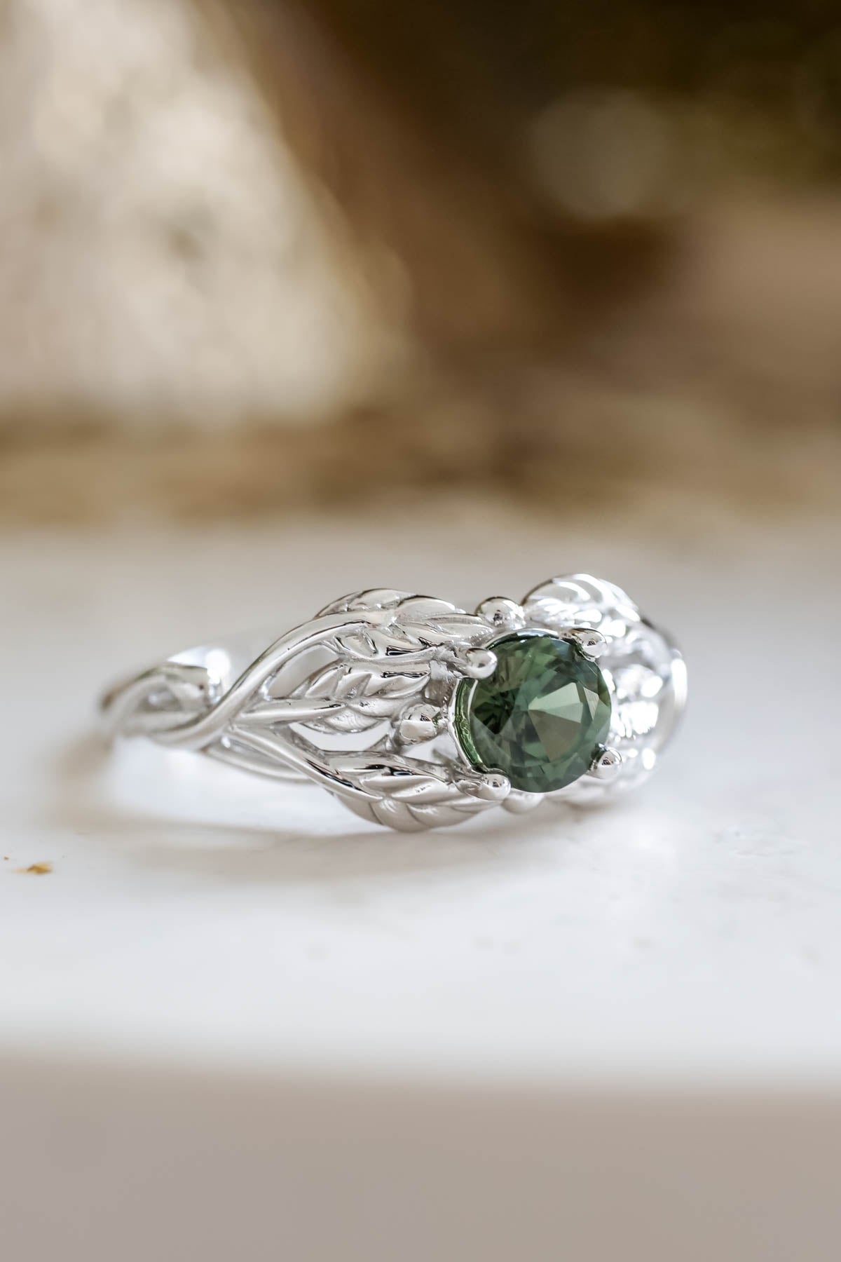 Natural green sapphire engagement ring, gold leaf ring / Tilia - Eden Garden Jewelry™