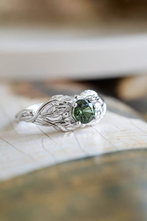 Natural green sapphire engagement ring, gold leaf ring / Tilia - Eden Garden Jewelry™