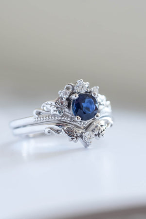 READY TO SHIP: Ariadne in 14K white gold, round cut natural non-treated blue sapphire 5 mm, moissanites, RING SIZE 7 US - Eden Garden Jewelry™