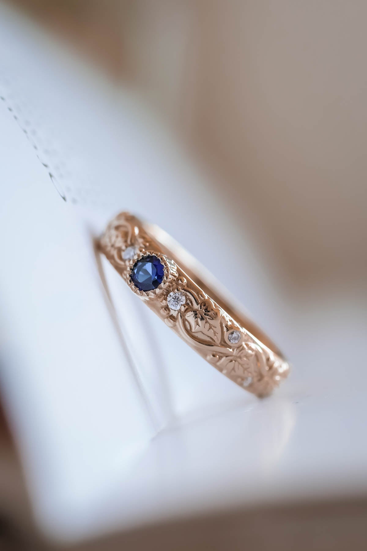 Blue sapphire wedding band, ivy leaf ring with diamonds, comfort fit ring - Eden Garden Jewelry™