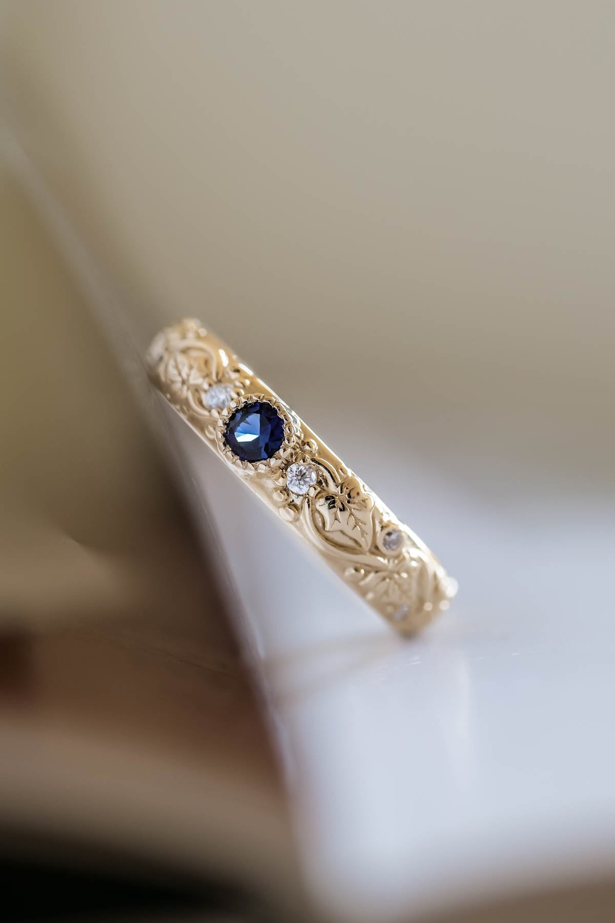 Blue sapphire wedding band, ivy leaf ring with diamonds, comfort fit ring - Eden Garden Jewelry™