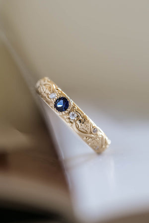 Blue sapphire wedding band, ivy leaf ring with diamonds, comfort fit ring - Eden Garden Jewelry™