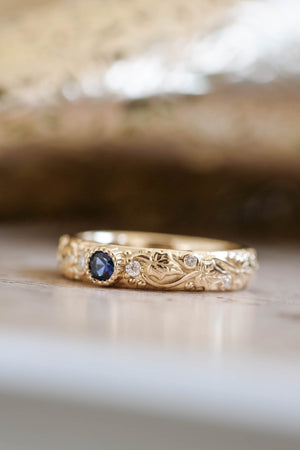 Blue sapphire wedding band, ivy leaf ring with diamonds, comfort fit ring - Eden Garden Jewelry™