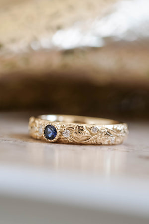 Wedding rings set for couples: classic band for him, ivy leaves band with sapphire and diamonds for her - Eden Garden Jewelry™