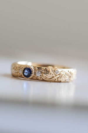 Blue sapphire wedding band, ivy leaf ring with diamonds, comfort fit ring - Eden Garden Jewelry™