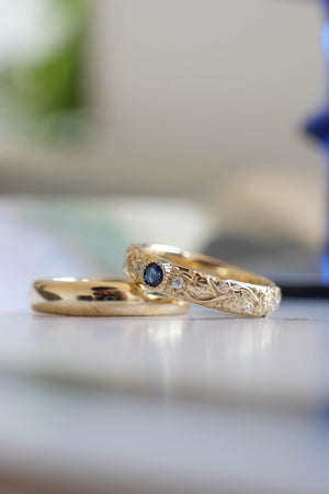 Wedding rings set for couples: classic band for him, ivy leaves band with sapphire and diamonds for her - Eden Garden Jewelry™