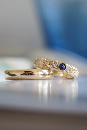 Wedding rings set for couples: classic band for him, ivy leaves band with sapphire and diamonds for her - Eden Garden Jewelry™