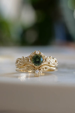 Celtic engagement rings, natural green sapphire bridal ring set / Horta - Eden Garden Jewelry™