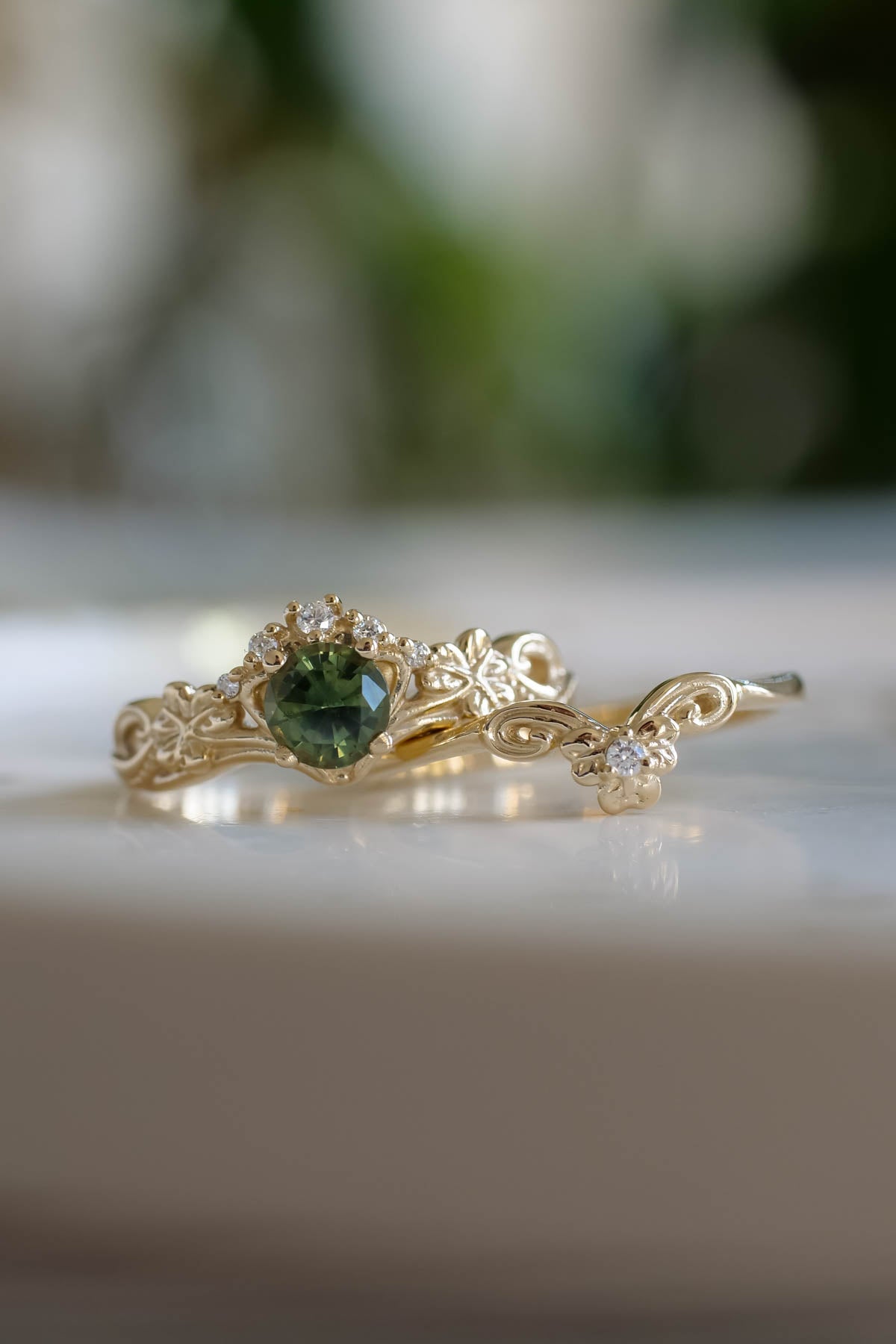 Celtic engagement rings, natural green sapphire bridal ring set / Horta - Eden Garden Jewelry™