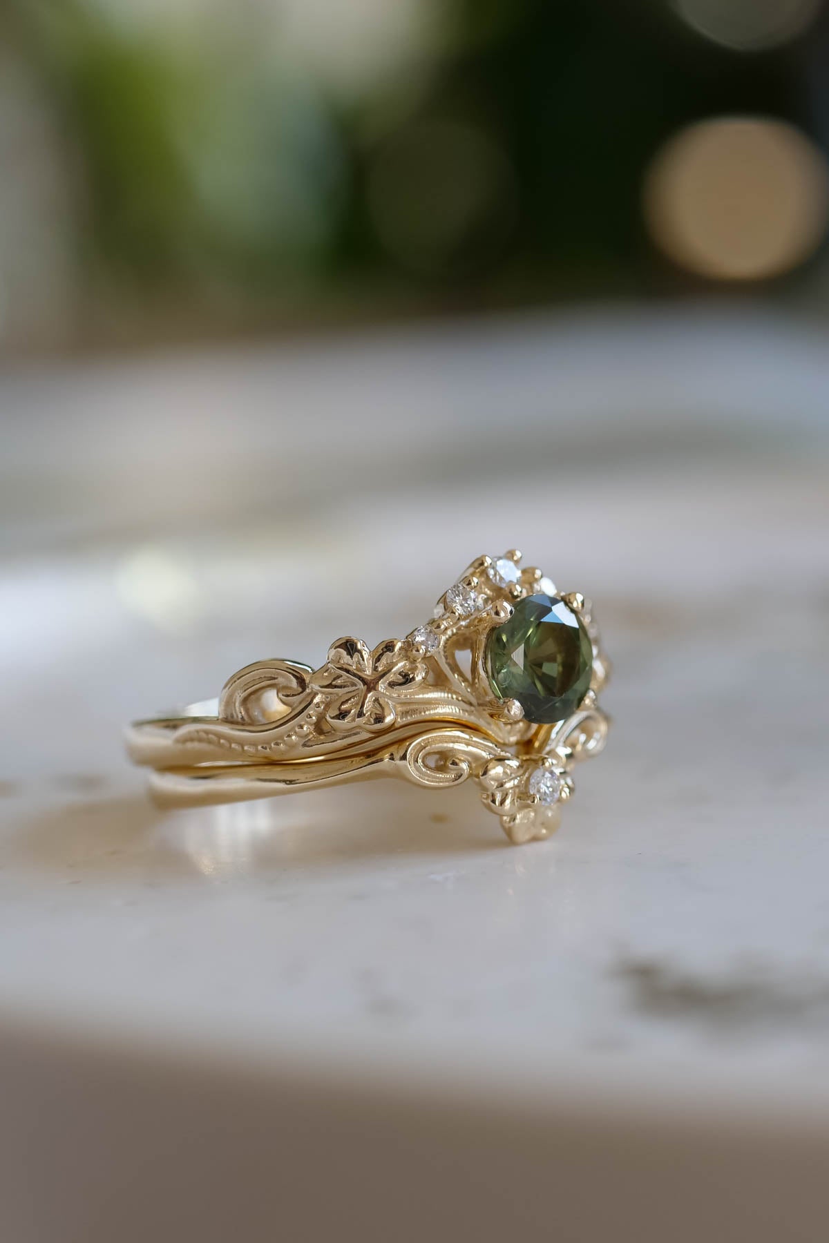 Celtic engagement rings, natural green sapphire bridal ring set / Horta - Eden Garden Jewelry™