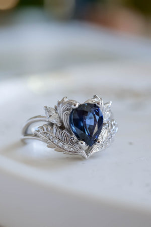 Royal blue sapphire engagement ring, gold nature inspired ring with diamonds / Adonis - Eden Garden Jewelry™