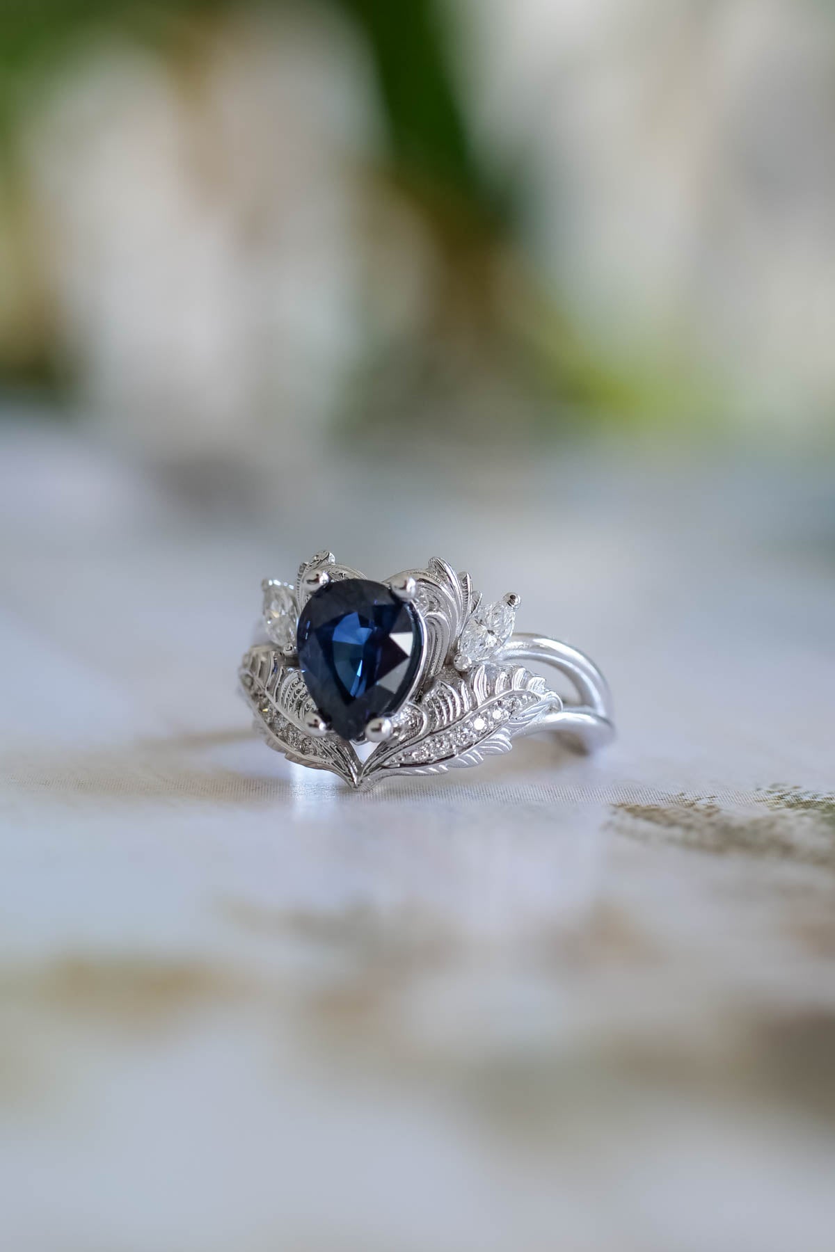 Royal blue sapphire engagement ring, gold nature inspired ring with diamonds / Adonis - Eden Garden Jewelry™