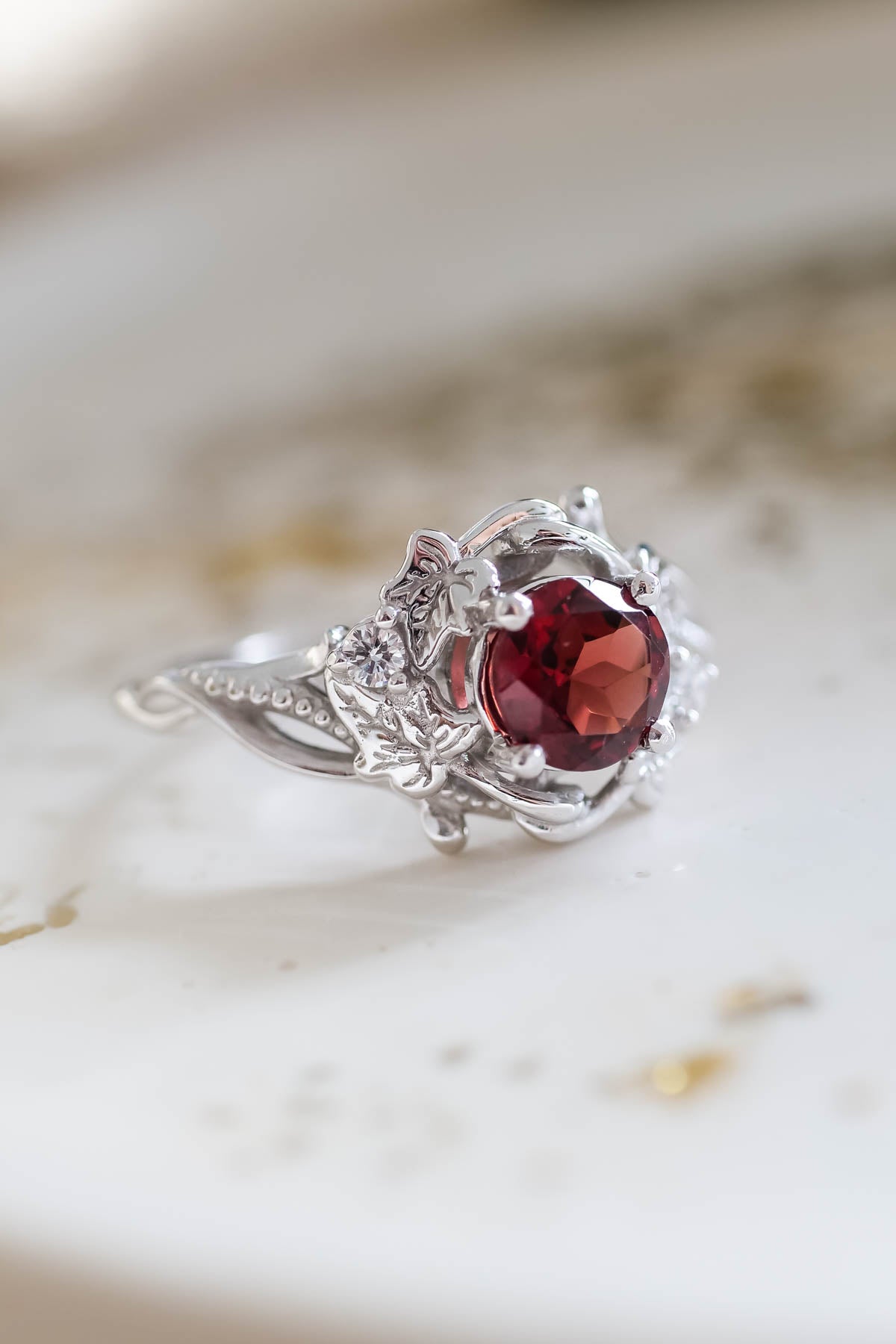 Natural garnet ivy leaves engagement ring, red gemstone ring / Undina - Eden Garden Jewelry™